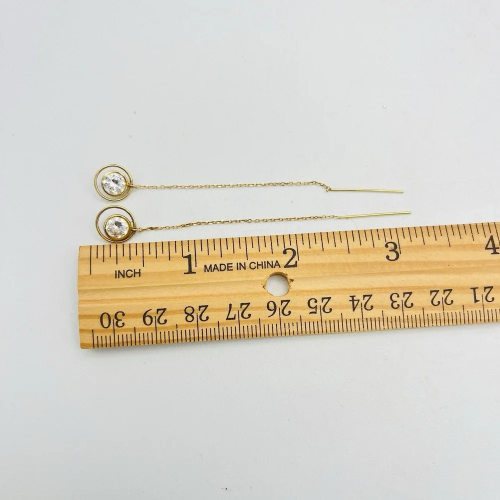 VTG 14K Yellow Gold Threader Earrings Long CZ Crystal Hoop Dangle 3